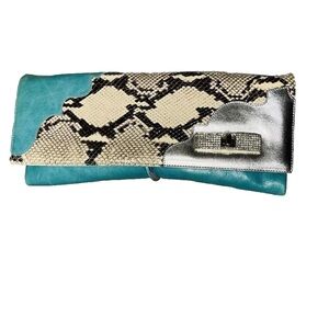 Turquoise Snake-Print Clutch with Silver Accents